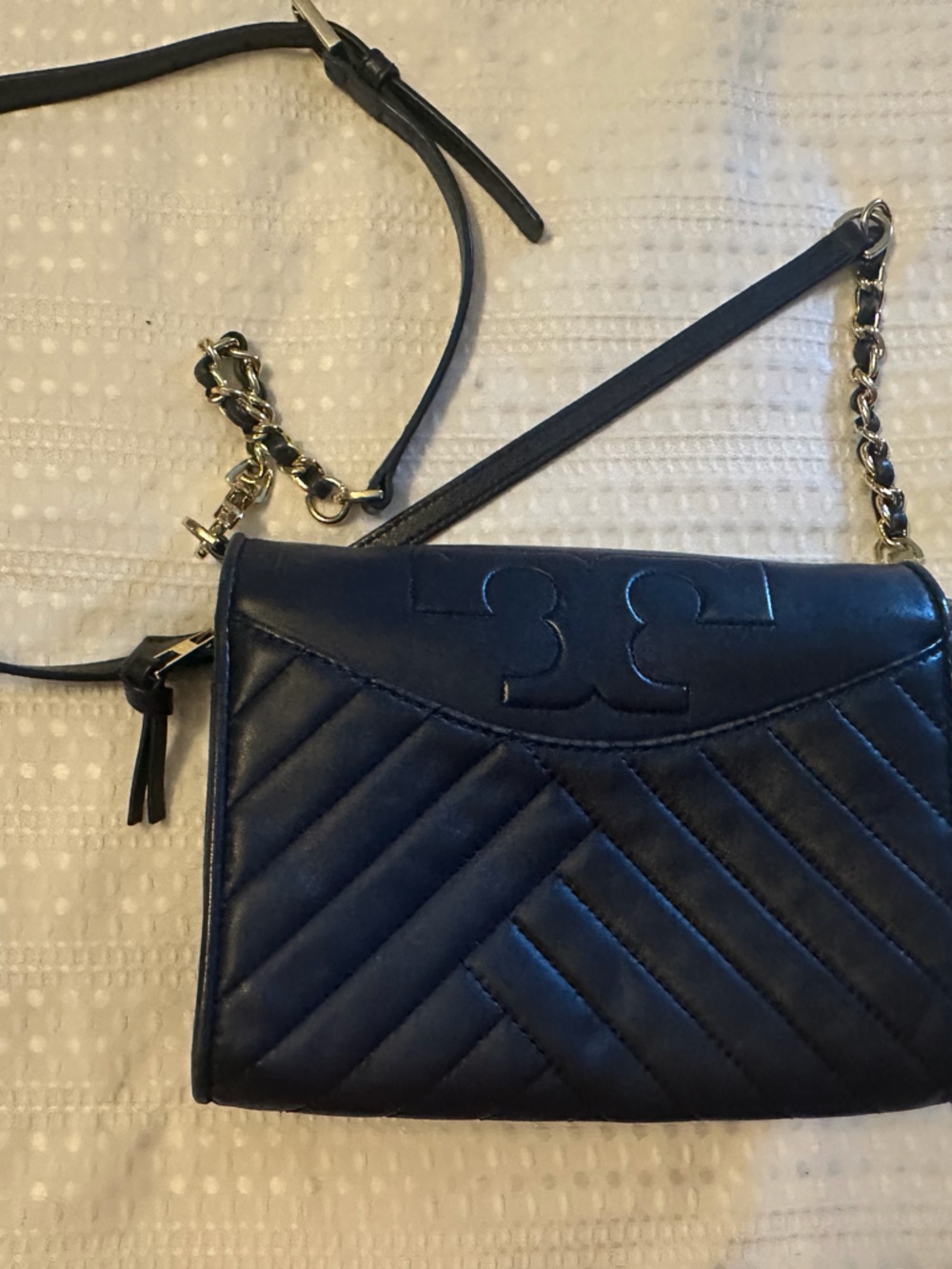 Tory Burch Quilted Navy Leather Crossbody with Chain Strap